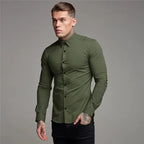 Men's Shirt Fashion Full Sleeve Shirt Men's Muscle Casual Slim-fit Business Dress Solid Color Shirt Men's Gym Fitness Men Shirt