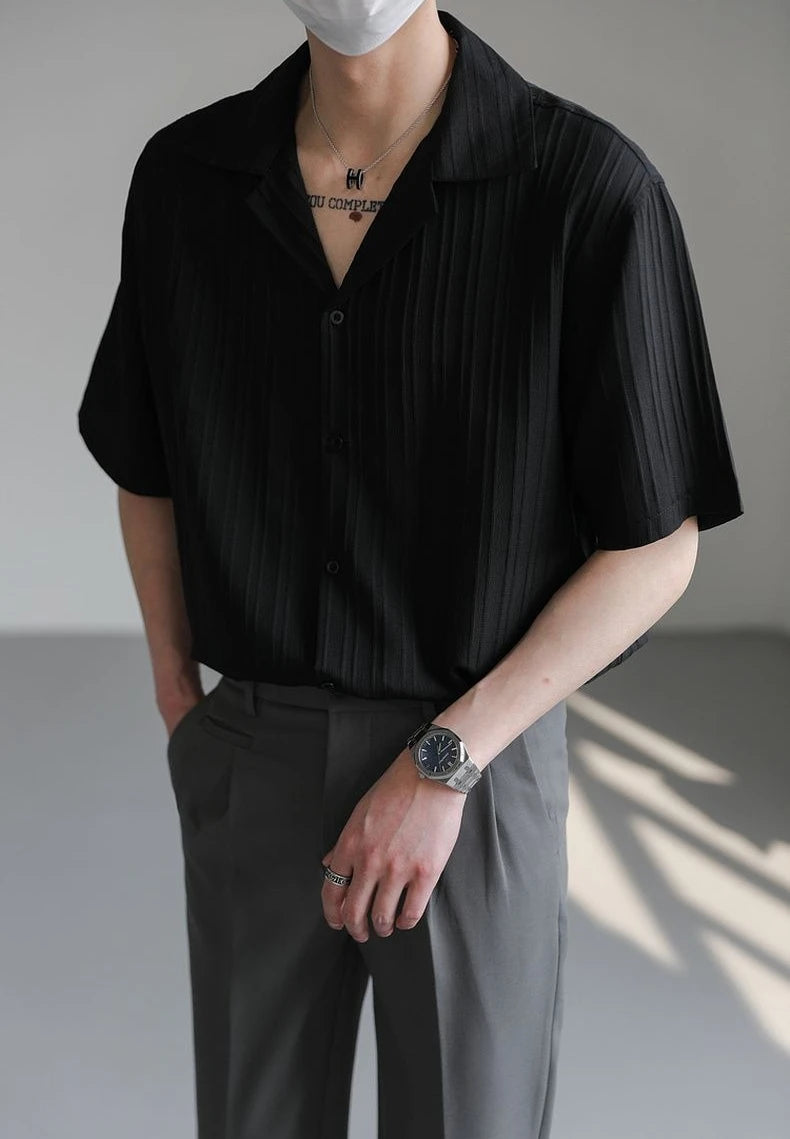 Men's Shirt Black Loose Short Sleeve Male Shirts Designer with Collar High Quality Luxury Sleeves Silk New in Vintage Slim Fit