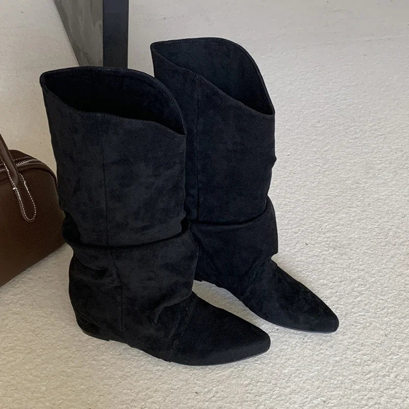 Flats Women's Boots Pointed Toe Designer Mid Calf Shoes Winter 2025 Fad Chelsea Boots New Trend Gladiator Walking Mujer Botas