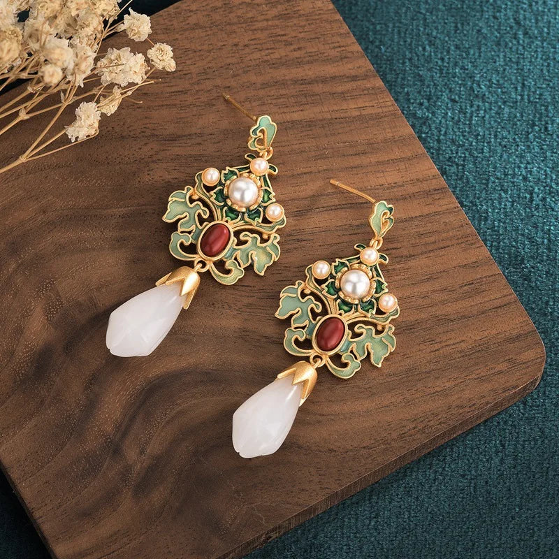 Earrings for Women Trendy Gold Color Drop Earrings Enamel Flower Hanging Earrings Chinese Style Jewelry Girl Party Gift Earrings