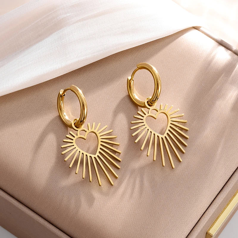 Geometric Heart Shaped Sun Pendant Earrings Stainless Steel Women's Earrings Fashion Charm Hip Hop Trendy Wedding Jewelry