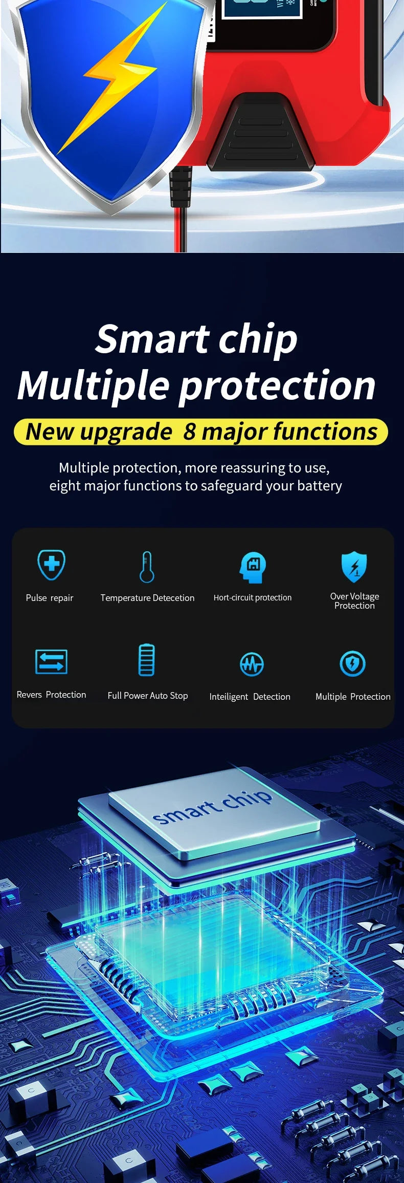 Battery Charger 12V 8A  24V 4A Smart Fast Charging for Car Batteries 8-Stage Charge Pulse Repair for AGM GEL WET Lead Acid