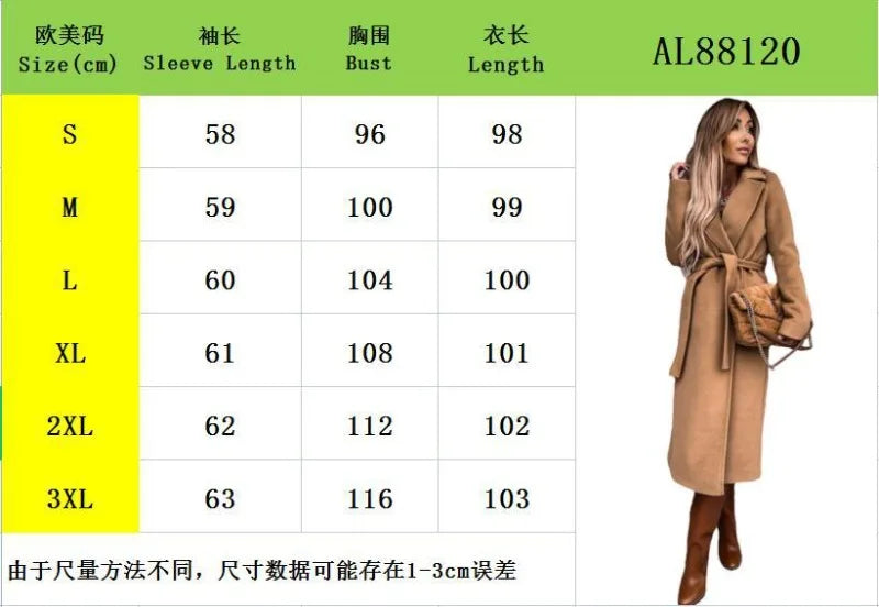 Autumn Winter Women Woolen Jacket Top Outwear Elegant Fashion Long Sleeve Lapel Collar Belt Trench Coat Overcoat Streetwear