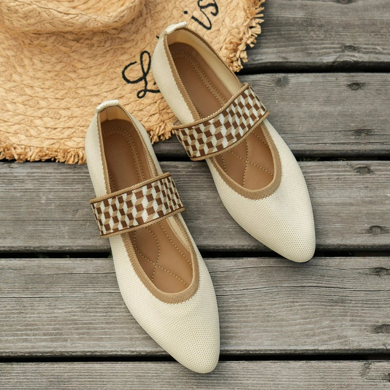 Women Ballet Flats Knitted Casual Shoes Low Heel Elegant Woman Sneakers Pointed Toe Shallow Loafers Vintage Slip on Women Shoes