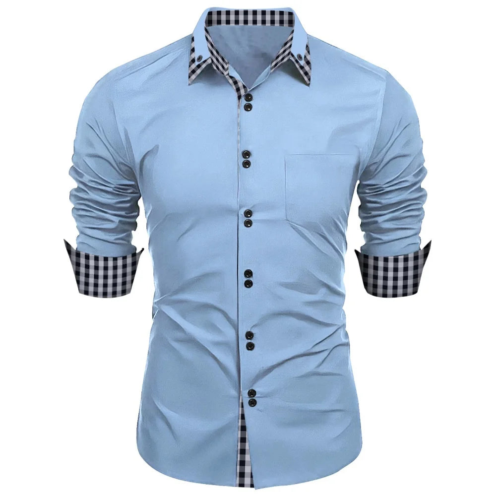 New men's shirt - traditional long-sleeved double-breasted plain-colored loose-fitting office shirt - men's business casual top