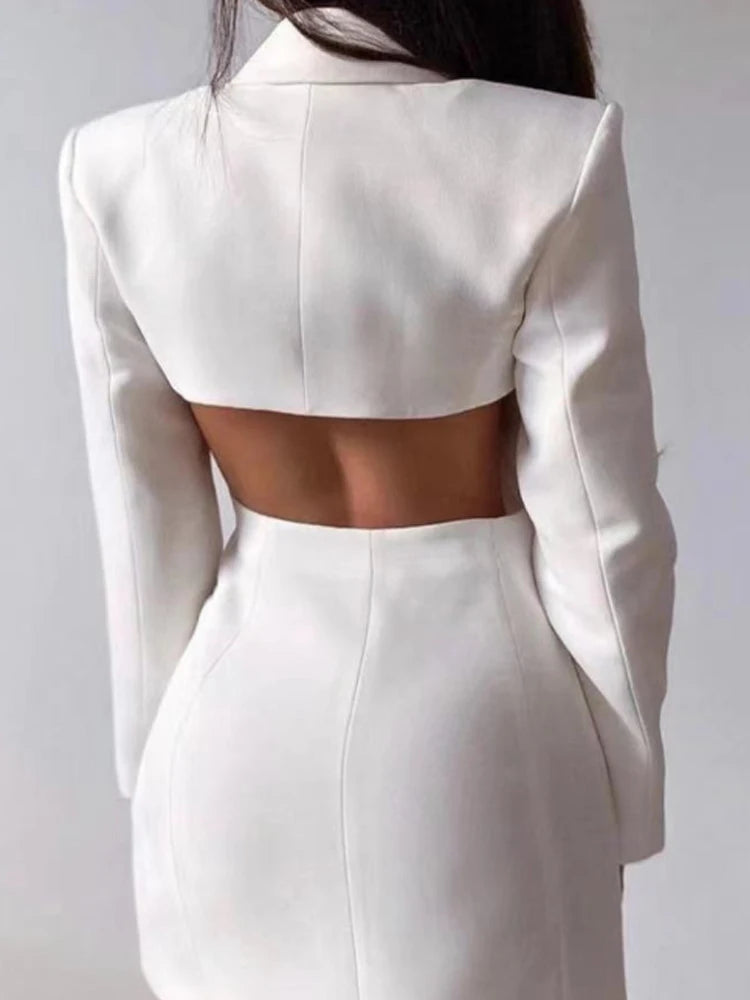 Women Notched Collar Long Sleeve Backless Blazer Dress