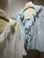 Lace Stitching Women's Pleated Blouse Summer Ruffles Edge V-Neck Puff Sleeve Casual Female Shirt