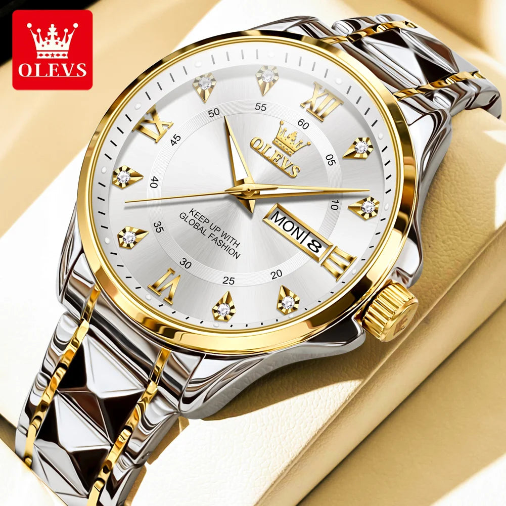 OLEVS 2906 Couple Watch Luxury Stainless Steel Waterproof Clock Fashion Roman Scale Diamond Calendar Dial Men Women Quartz Watch