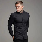 Men's Shirt Fashion Full Sleeve Shirt Men's Muscle Casual Slim-fit Business Dress Solid Color Shirt Men's Gym Fitness Men Shirt