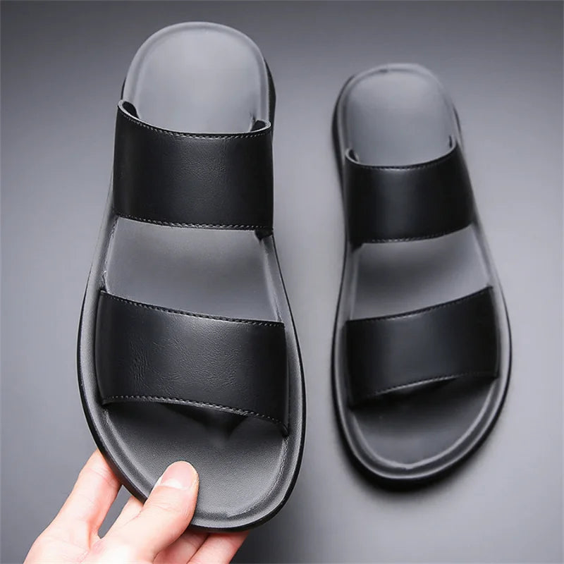 Slippers for Men Luxury Brand Leather Casual Slippers 2025 Summer New Beach Slippers for Men Non Slip Flat Sandals Large Size48