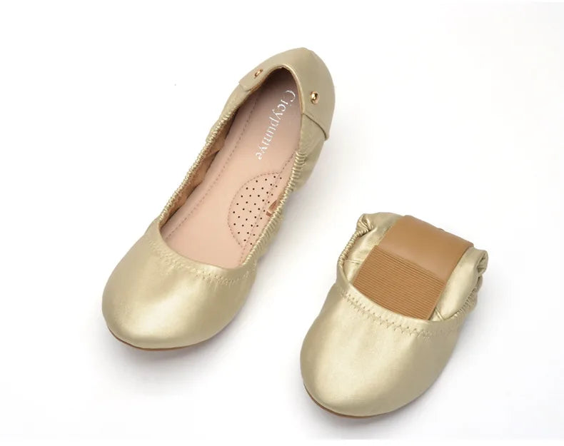 Women Ballet Flats Fashion Foldable Leather Loafers Soft Slip on Woman Luxury Brand Prom Ballerina Flats Wedding Party Shoes