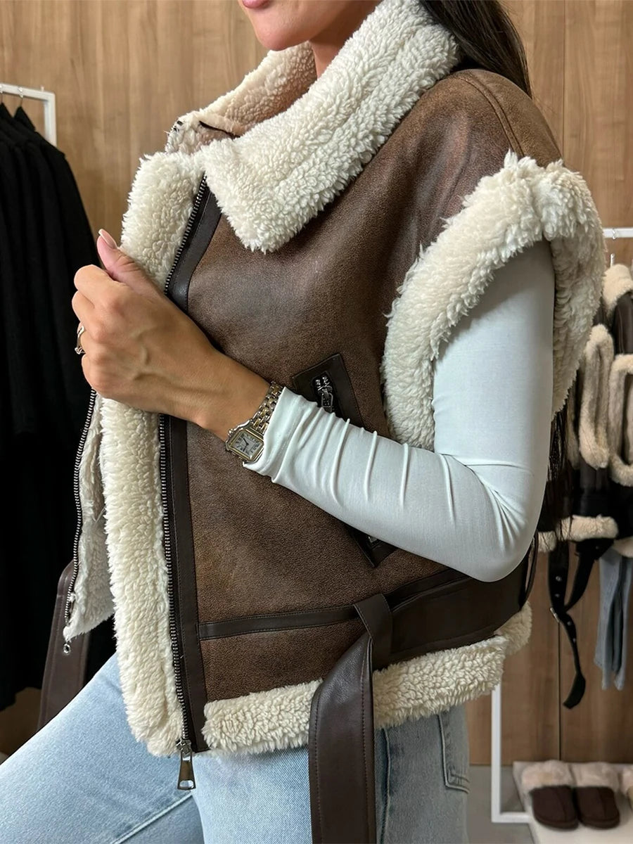 Women Winter Faux Suede Vest Sleeveless Zipper Up Fleece Sherpa Lined Jacket Fashion Solid Color Casual Outerwear Coat!