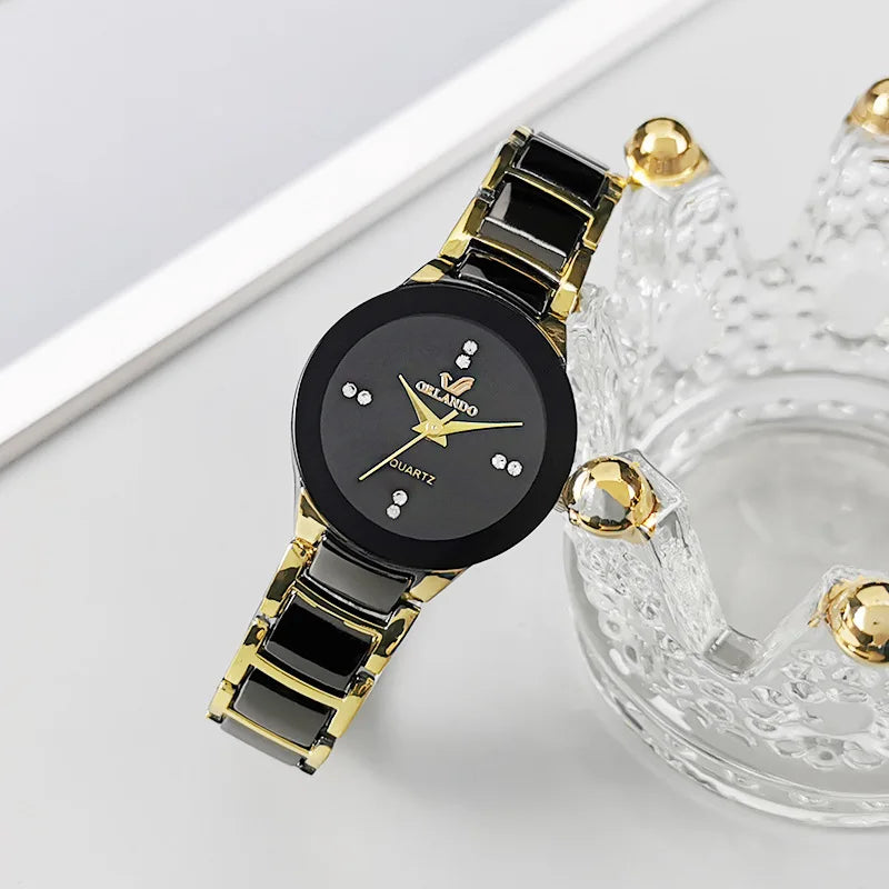 2PCS Couple's Watches Fashion Stainless Steel Band Men Women Analog Quartz Watches Set