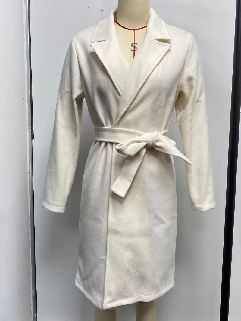 Autumn Winter Women Woolen Jacket Top Outwear Elegant Fashion Long Sleeve Lapel Collar Belt Trench Coat Overcoat Streetwear