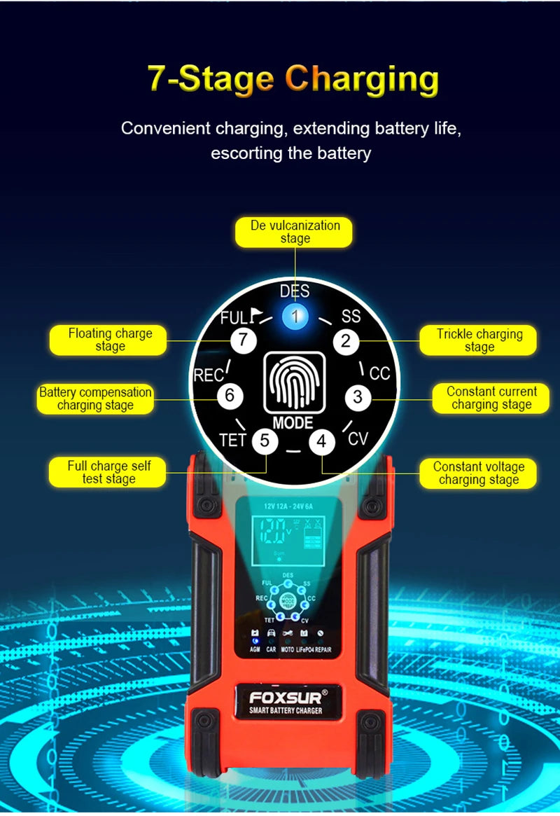 Car Battery Chargers 12A Large Power Full Automatic Smart Battery Chargers 12V 24V Battery Desulfator for Car Truck