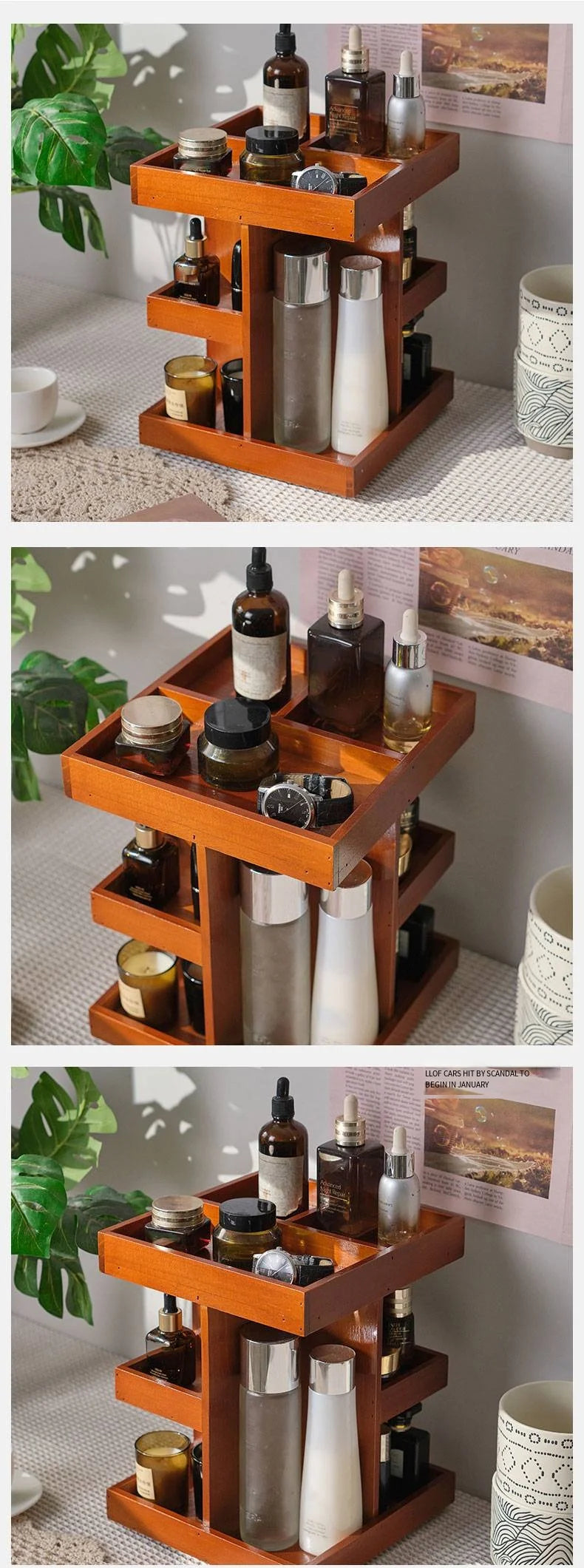 Wooden cosmetics rotating storage rack, can hold small items and cosmetics, suitable for bedrooms, dressing tables,and bathrooms