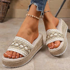 Women's Slippers  for Beach Heeled Sandals Bohemian Handmade Ladies Espadrillesm Ethnic Style Cotton Rope Platform Shoes