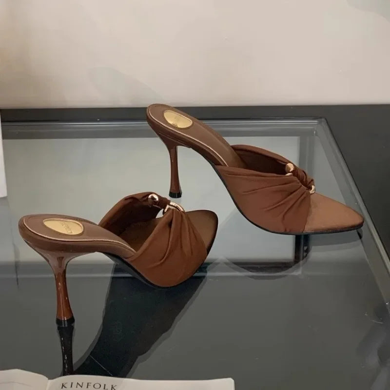 Women's High Heels Slippers Pointed Toe Metal Decoration Thin Heels Shoes Women Dress Fashion Korean Style Zapatillas De Mujer