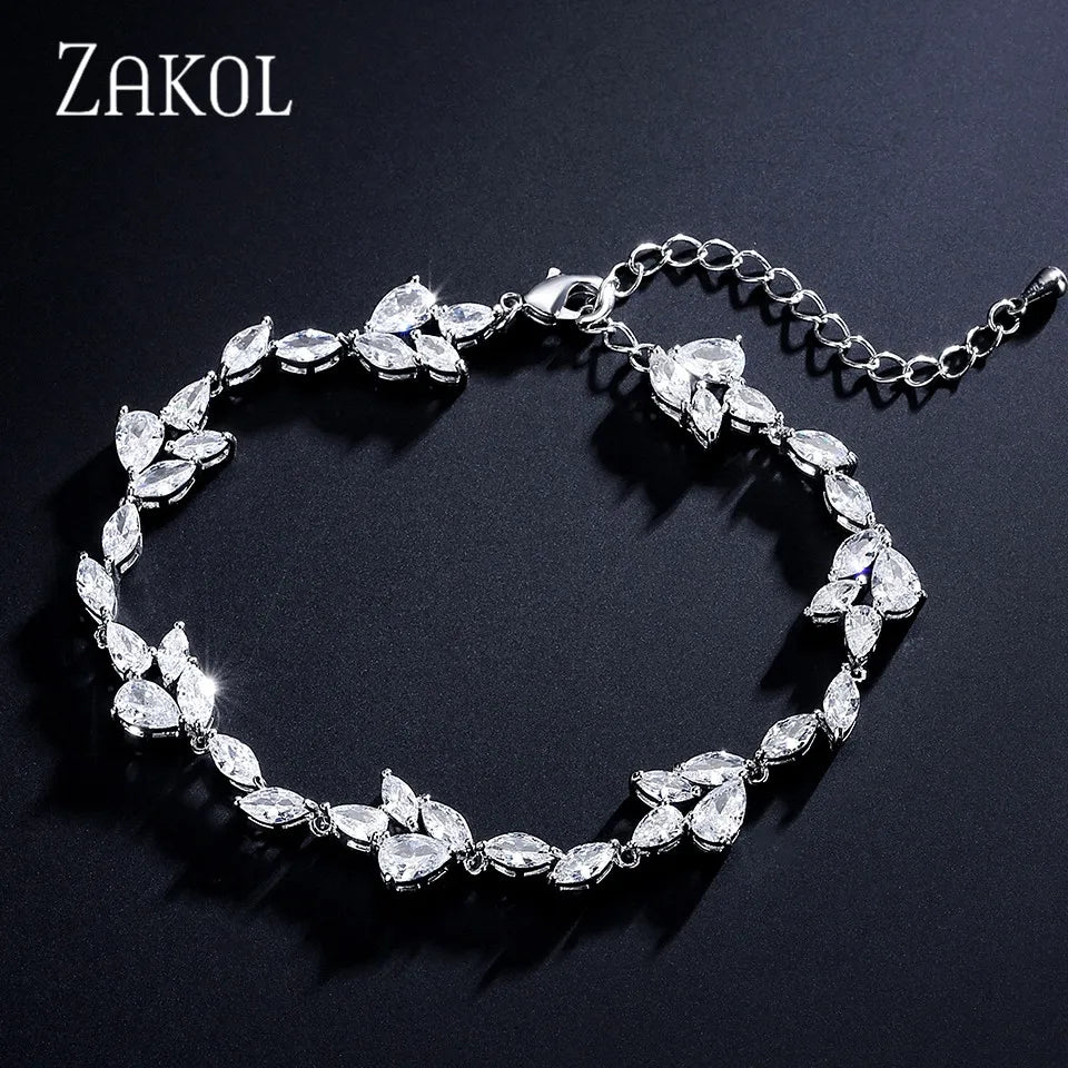 ZAKOL Luxury Water Drop Cubic Zirconia Charms Bracelets Silver Color Leaf Shape Wedding Party Jewelry Bijoux for Women