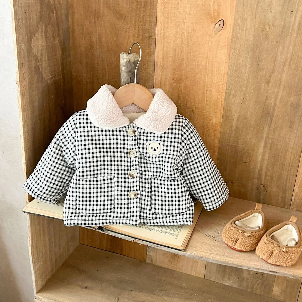Winter Baby Girl Clothing  Plaid Coat Warm Fleece Lined Cartoon Bear Embroidery Children Cotton Padded Jacket