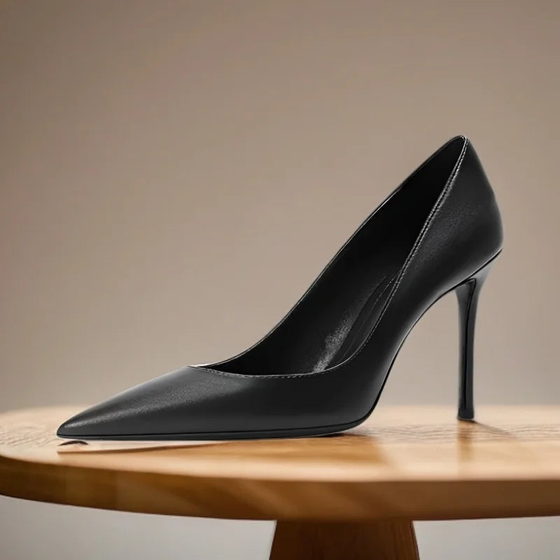 High heels for women thin heels matte brown leather surface commuting professional work shoes shallow mouth pointed single shoes