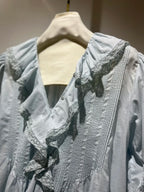 Lace Stitching Women's Pleated Blouse Summer Ruffles Edge V-Neck Puff Sleeve Casual Female Shirt