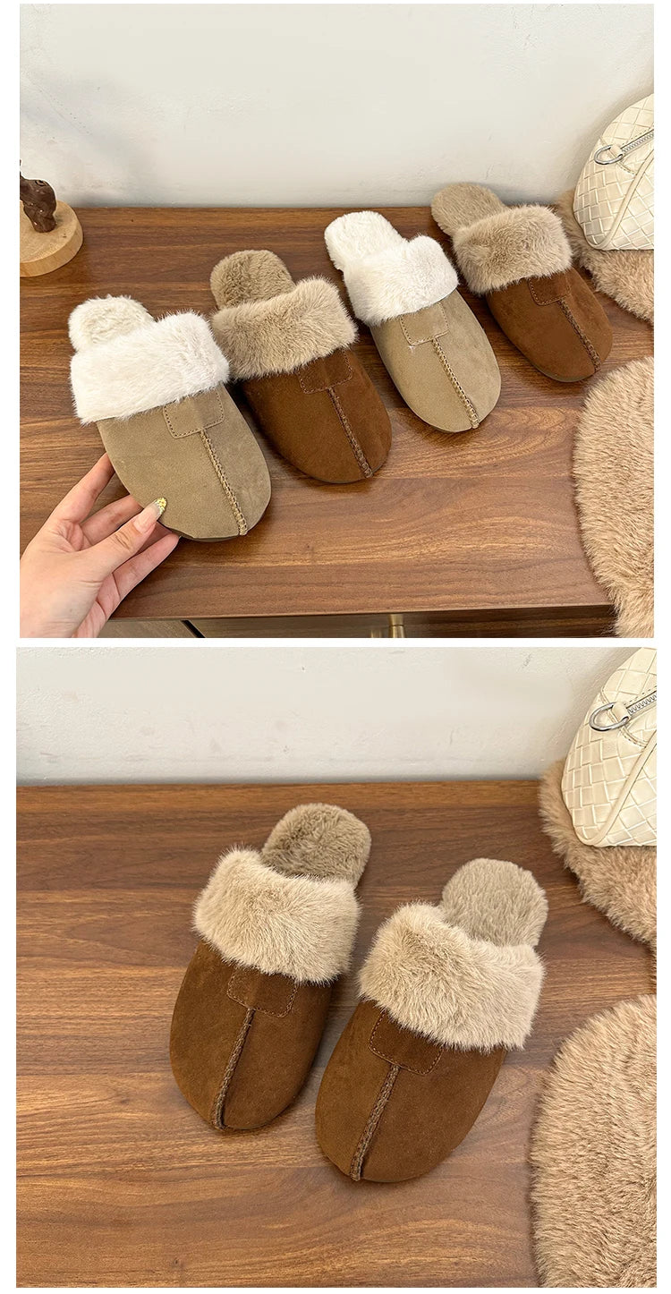 Fur Flats Women Cotton Slippers Fashion Warm Shoes Winter Short Plush Designer Cozy Woman Boots 2025 New Dress Mujer De Boots