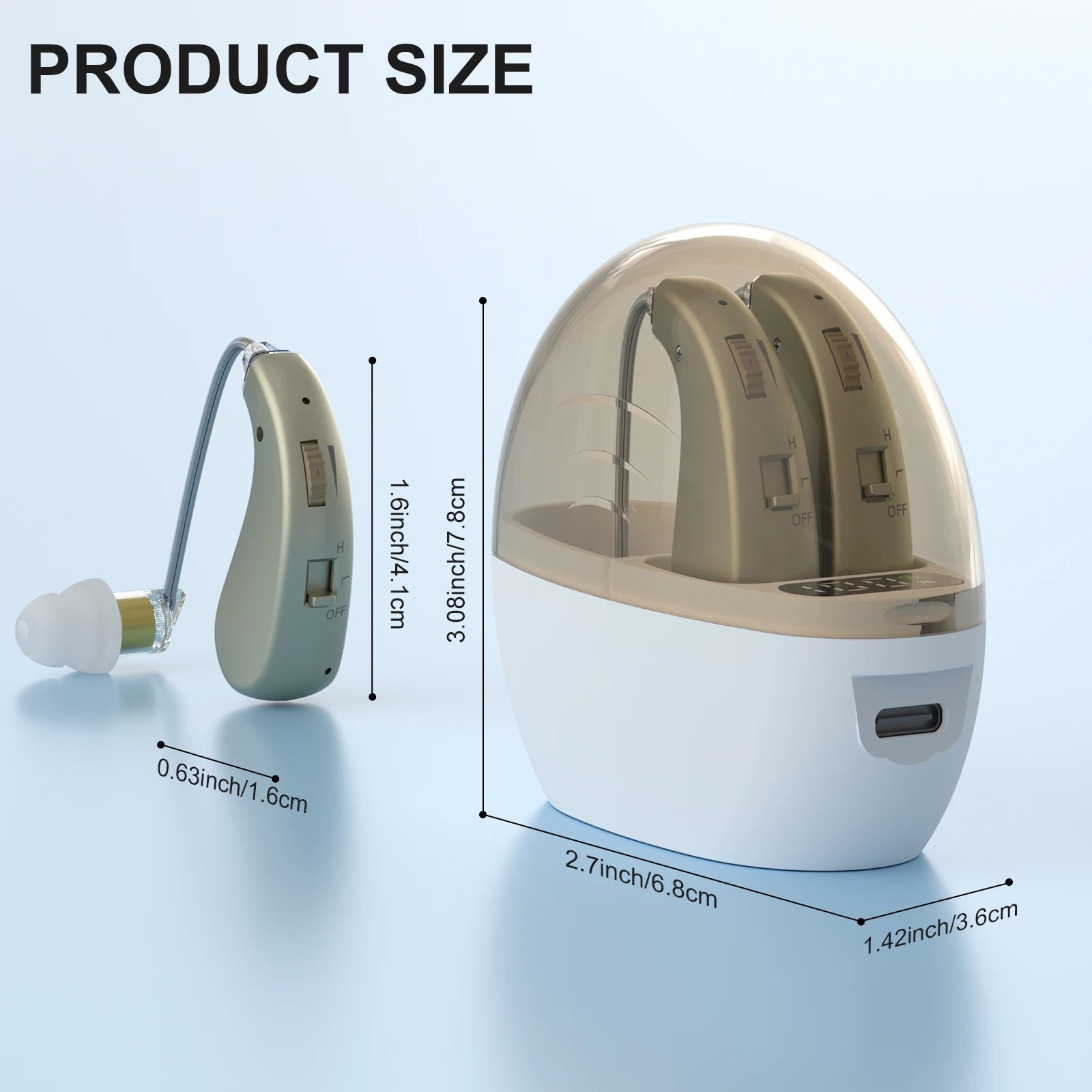 Auxiliary headphones, sound amplifier, noise reduction, adjustable volume, hanging ear with charging case