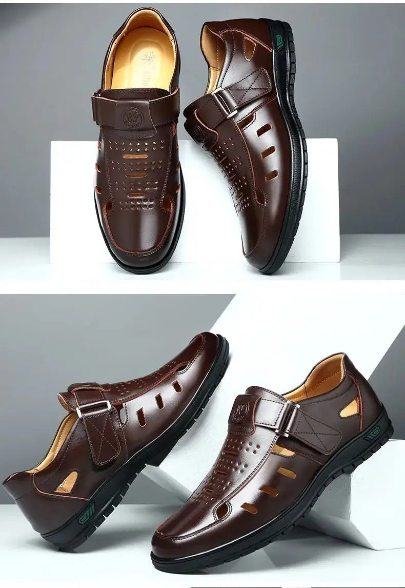 Men Sandals Summer  Cozy Hollow Non-slip Soft Cool Lighted Breathable All-match Classic Wearable Fashion Casual Leather Sandals