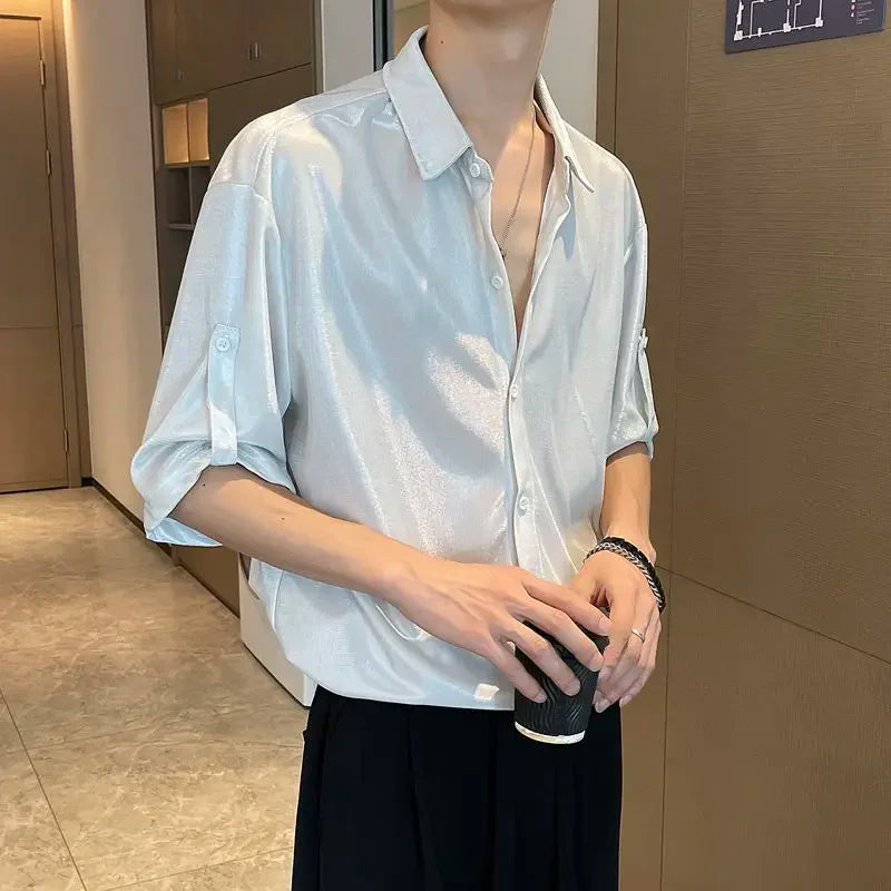 Man Shirt White Plain Hip Hop Shirts For Men Trend Regular Cool Tops Asia Button Up Original Korean Popular Clothes Summer S