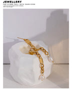 Yhpup Long Hanging Stainless Steel Chain Natural Pearl Drop Earrings Dangle Fashion Party Geometric Charm Temperament Jewelry