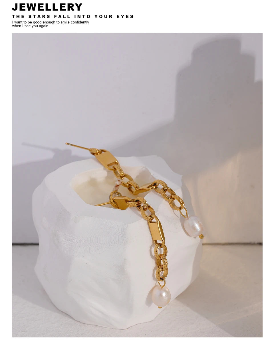 Yhpup Long Hanging Stainless Steel Chain Natural Pearl Drop Earrings Dangle Fashion Party Geometric Charm Temperament Jewelry