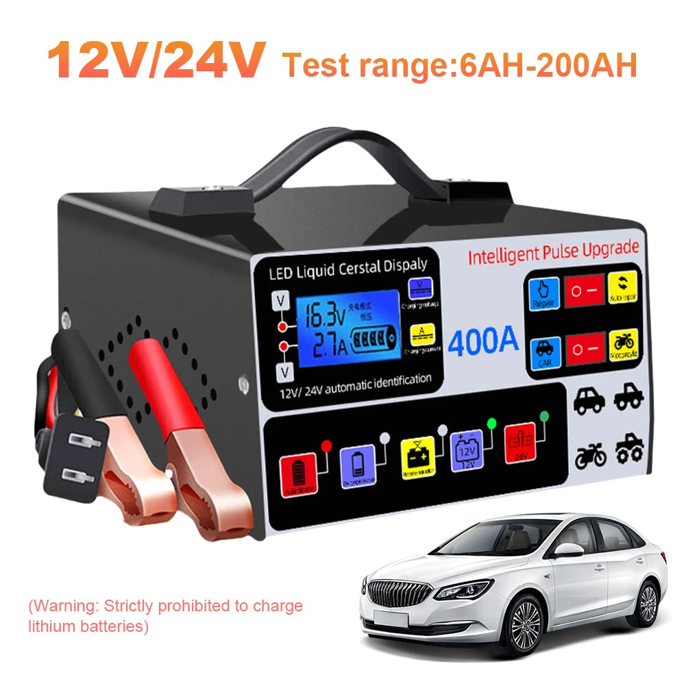 400A Car Battery Charger 220W Heavy Duty Smart Battery Charger 12V/24V Battery High Power Fast Charger Self-Stop Battery Charger