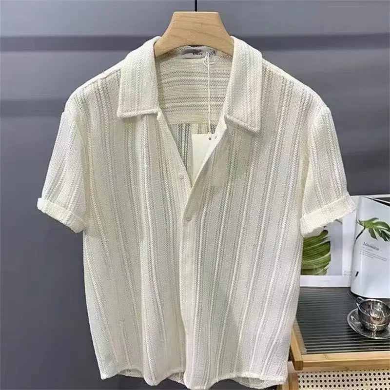 Men's Tops Hollow Short-sleeve Shirt Men Summer Thin Trendy Handsome French Light Luxury Drape Hawaiian Shirts