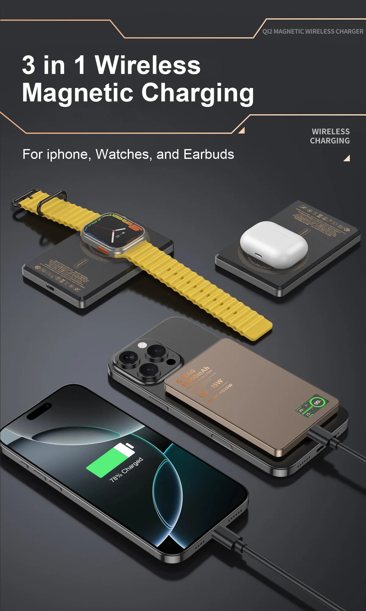 3 In 1 Magnetic Power Bank battery QI 15W Wireless Fast Charing With Intelligent  LCD Screen for iPhone 12-17 Pro Watch Airpods