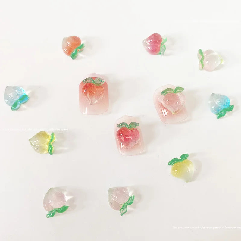 10pcs Kawaii Clear Peach Apple Nail Art Charms Resin Ice Transparent Fruit Rhinestones Nail Decorations DIY Jewelry Accessories