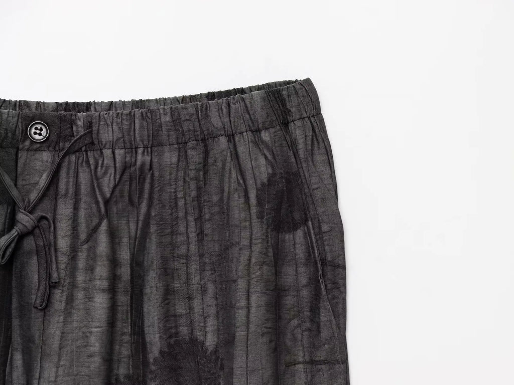 Women Print Long Pants Sets For Women Lapel Half Sleeve Single Breasted Shirts + High Waist Lace-Up Wide Leg Pants