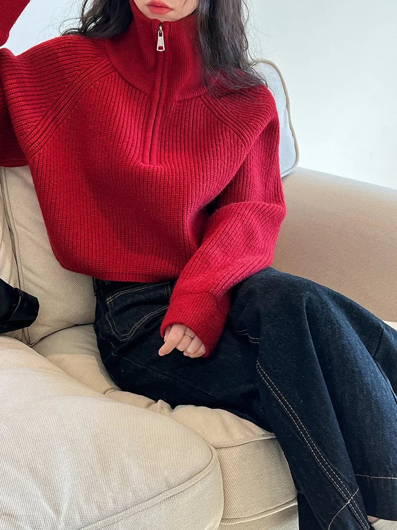 Autumn Winter  Zipper Sweaters Women Solid Color High Neck Knitted Pullover Solid Red Loose Turndown Collar Women's Turtleneck