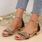 Women Sandals 2025 New Casual High Heels Shoes Women Open Toe Summer Luxury Shoes Square Ankle Strap Low Heels Sandals Woman