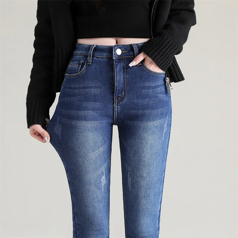 New Winter Women Snow Thermal Fleece Skinny Jeans Casual Lady Warm Velvet Thick Pencil Pants Female Basic Fleece Denim Trousers