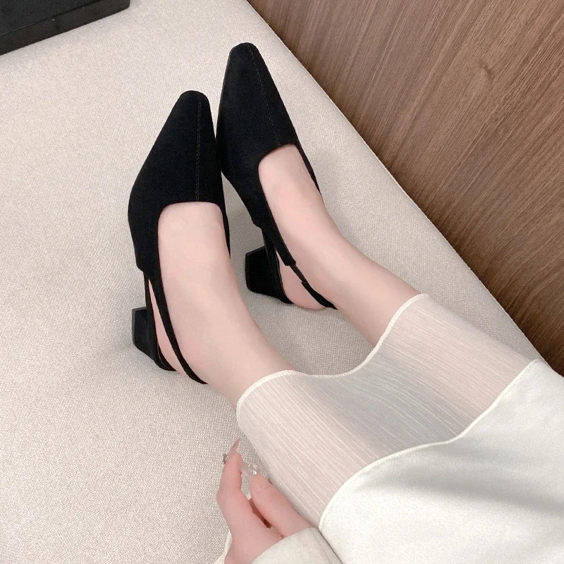 Women's summer sandals, fashionable suede design, sexy pointed-toe women's formal shoes, comfortable square-heeled women's shoes