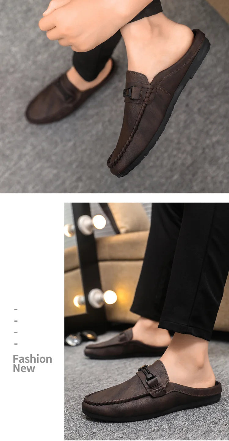 Men Half Slippers 2025 Summer Breathable Mens Casual Shoes Comfortable Walking Loafers Moccasins PU Leather Men Fashion Slippers