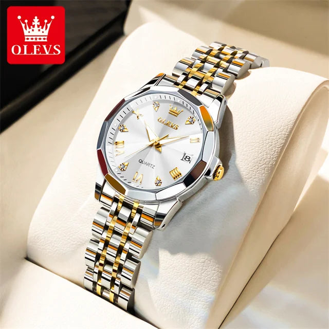 OLEVS 9931 Top Original Couple Watch Stainless Steel Rhombus Mirror Design Luxury Quartz Watch for Men Women Lover's Wristwatch