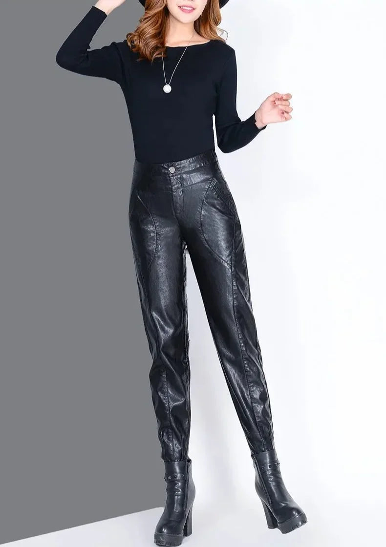 Pants for Women High Waist PU Leather Harem Woman Trousers Aesthetic One Size Classic Autumn Trends 2025 90s Outfits Clothing G
