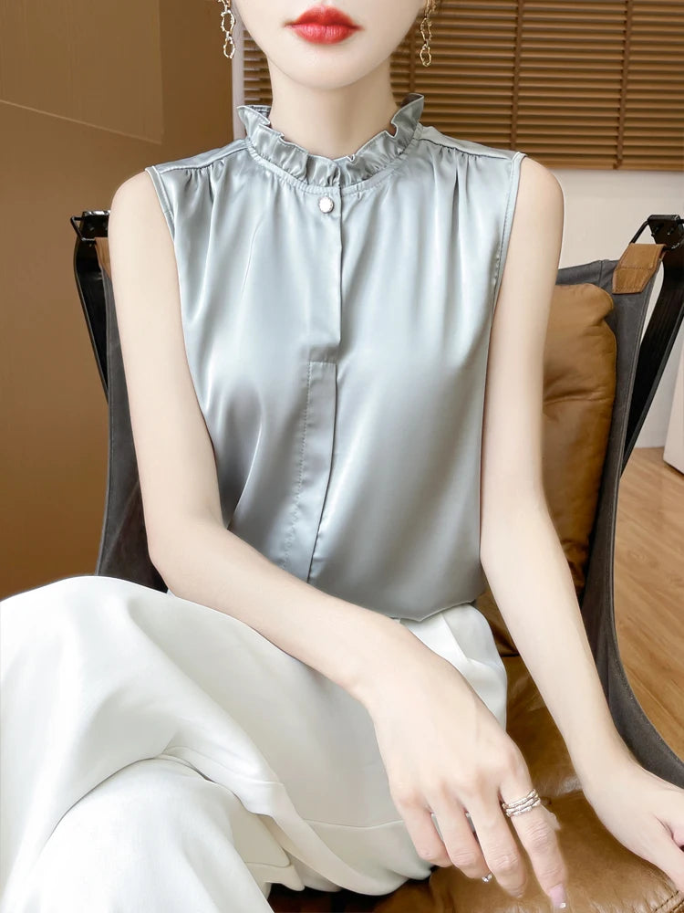 Women's T-shirt Ruffled Stand Collar Sleeveless Tops Loose Spring Summer Solid Tops Innerwear Casual Silk Ladies Tees Undershirt