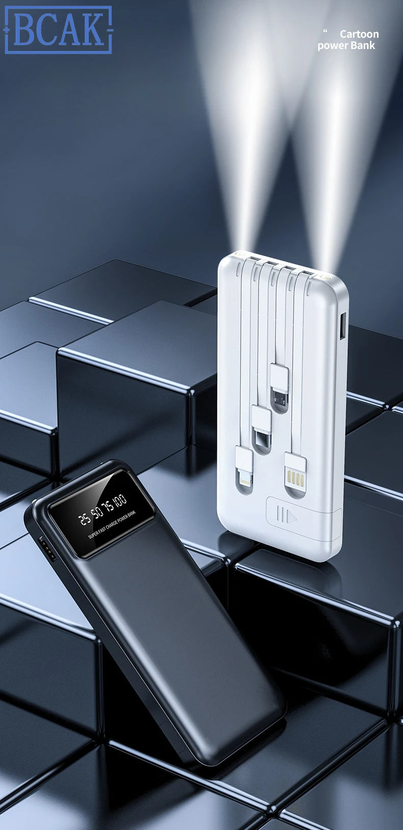 New Style BCAK power bank 20000mAh self-contained cable fast charging mini mobile phone gift mobile power supply