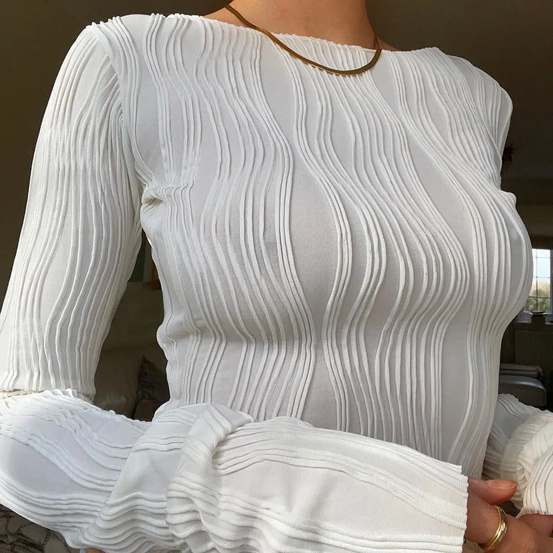 Women's Ruched Long Sleeve T-shirt, Female White Blouses, Skinny Cropped Bottoming Shirt, Y2K Top Clothes, Casual Fashion, Autum