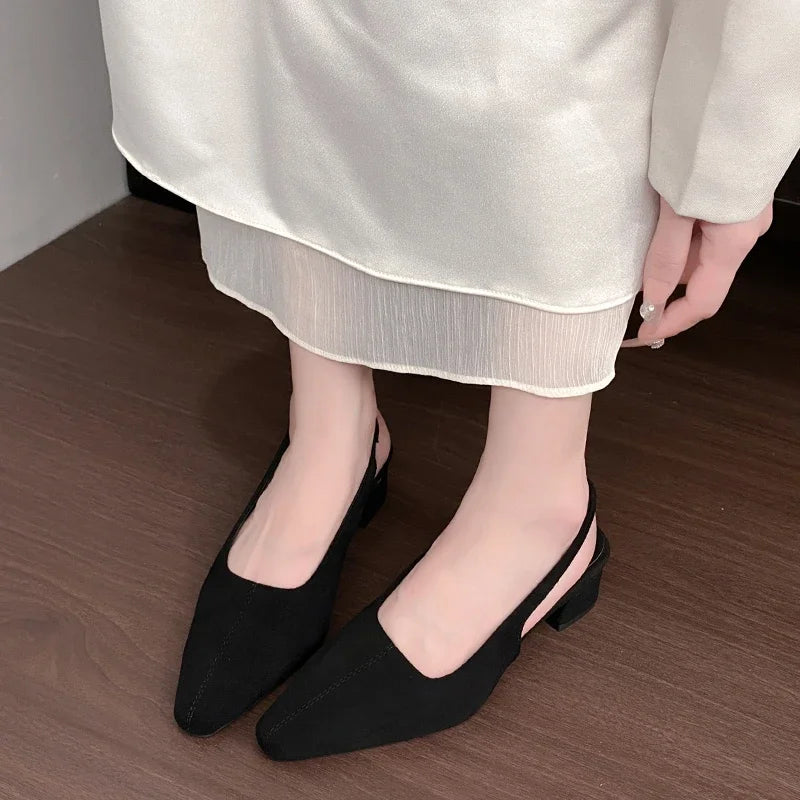 Women's summer sandals, fashionable suede design, sexy pointed-toe women's formal shoes, comfortable square-heeled women's shoes