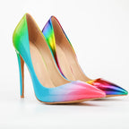 Brand Women High Heels 8-12CM Fashion Iridescent Pointed Toe Single Shoes Woman Thin Heel Summer Glossy Colorful Leather Pumps