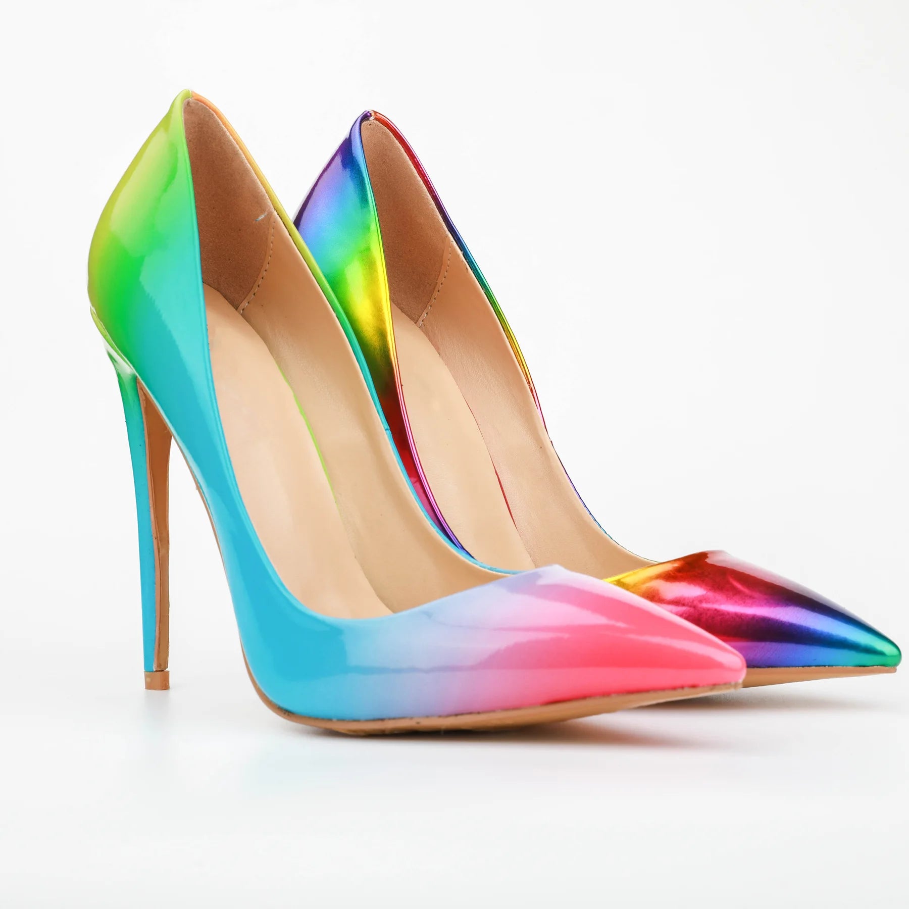 Brand Women High Heels 8-12CM Fashion Iridescent Pointed Toe Single Shoes Woman Thin Heel Summer Glossy Colorful Leather Pumps